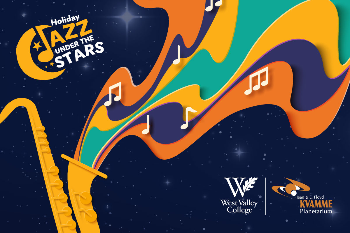 starry night background with a saxophone spouting out color swirls and white music notes