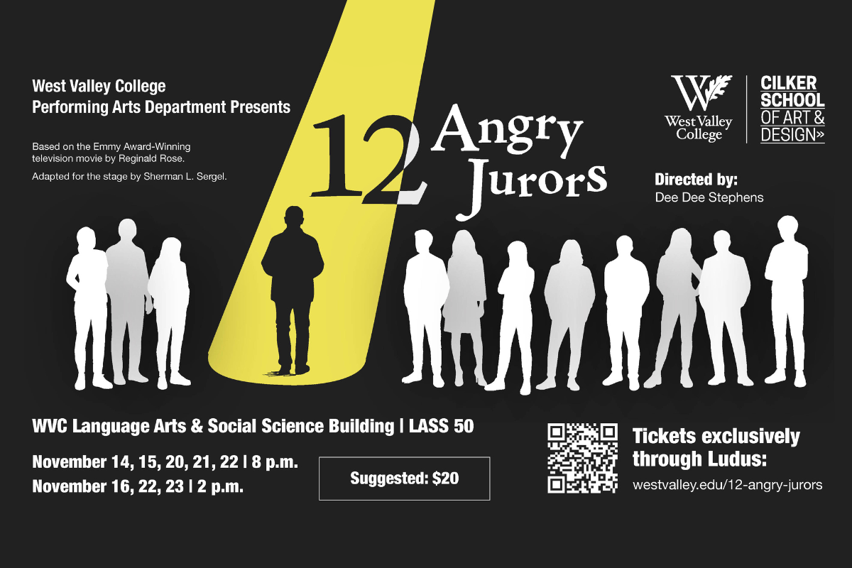12 angry jurors graphic of silhouettes in white with one silhouettes in black under a yellow spotlight