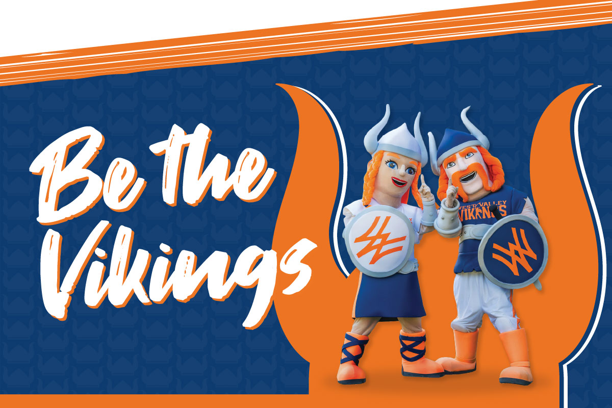 vik and viktoria viking mascots with an orange viking hat graphic behind them