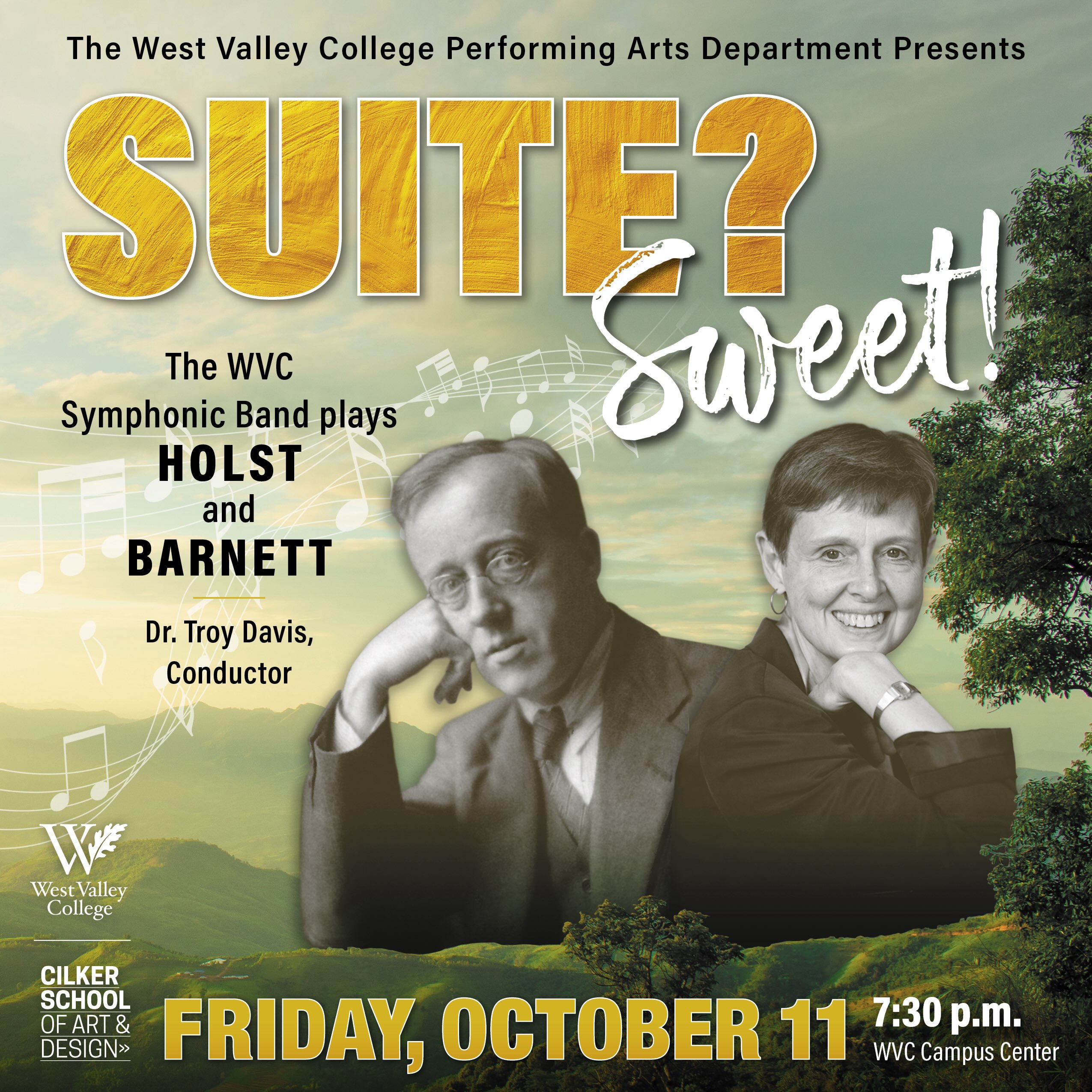 Event graphic with Holst and Barnett's photos featured against a green hillside backdrop.