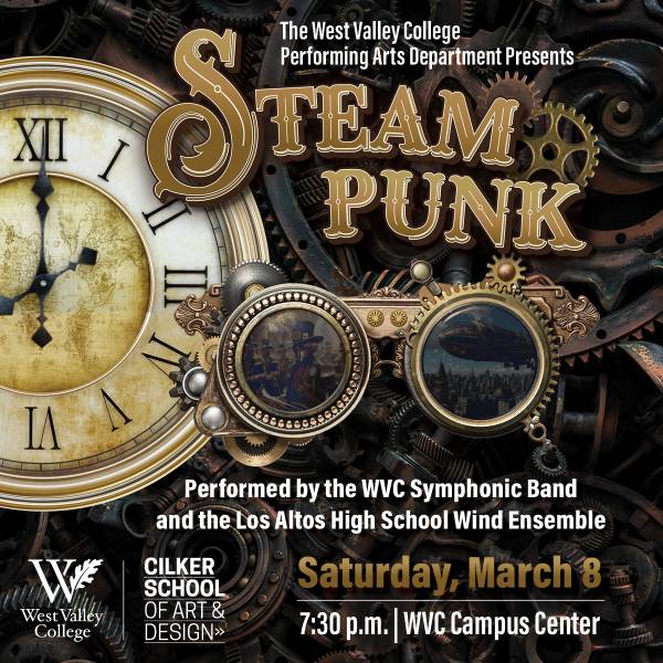 STEAMPUNK event graphic with the name of the event in a bronze/gold over a black background. Decorated with stationary gears and goggles