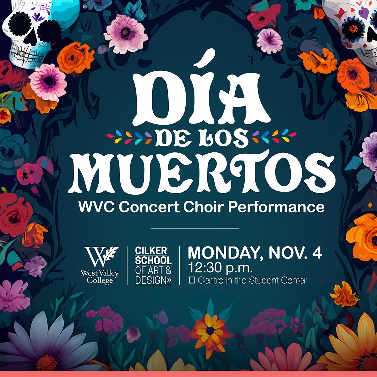 event graphic with bright floral flowers on the edge and skulls in the corners