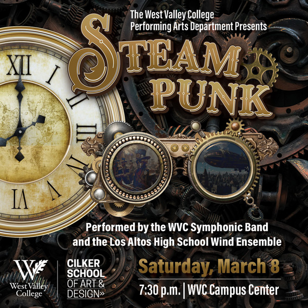 STEAMPUNK event graphic with the name of the event in a bronze/gold over a black background. Decorated with stationary gears and goggles