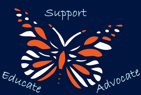 Monarch butterfly with words support, educate, and advocate