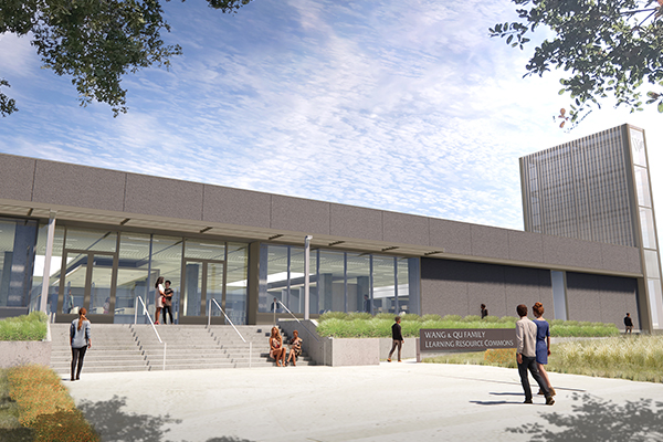 Rendering image of Learning Commons with students walking outside.