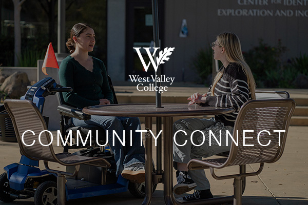 Two females sitting at a table with WVC logo and Community Connect Overlay