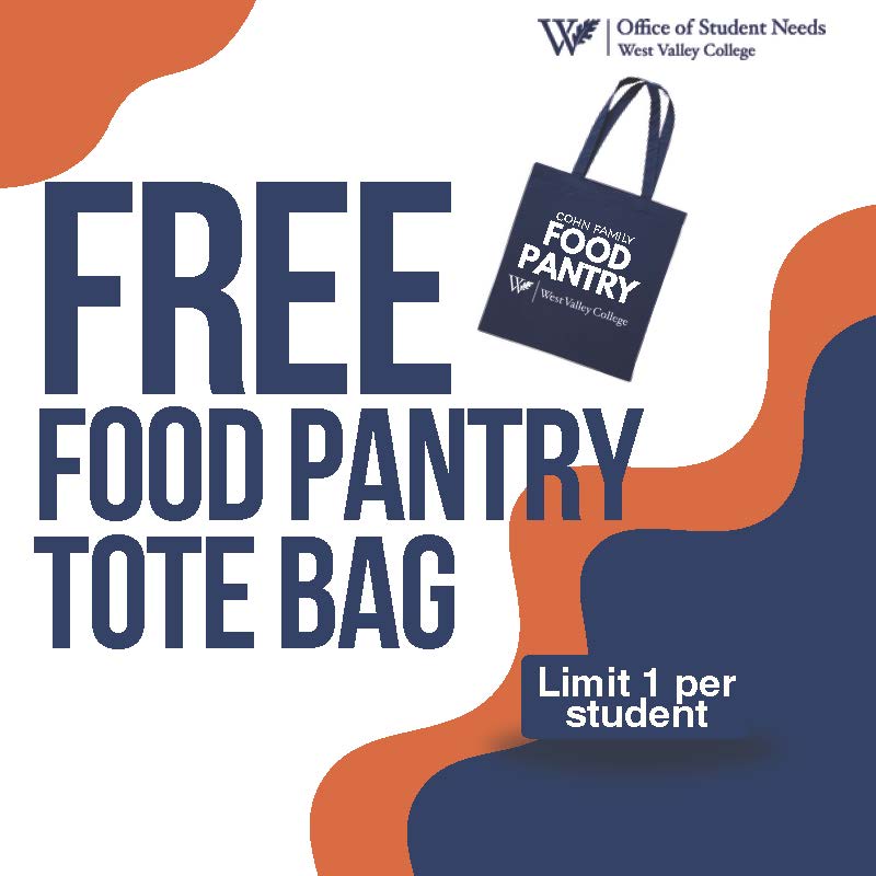 blue and orange graphic with a tote bag image and text stating "free food pantry tote bag"
